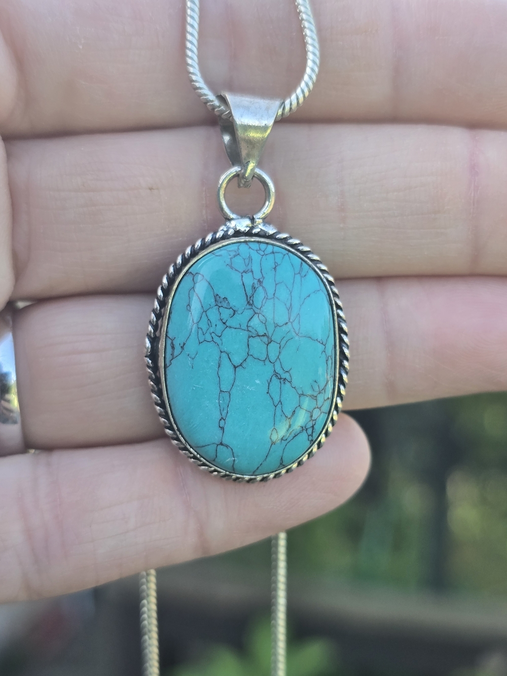 Sterling Silver 925 Turquoise Oval Pendant Necklace Southwestern Boho